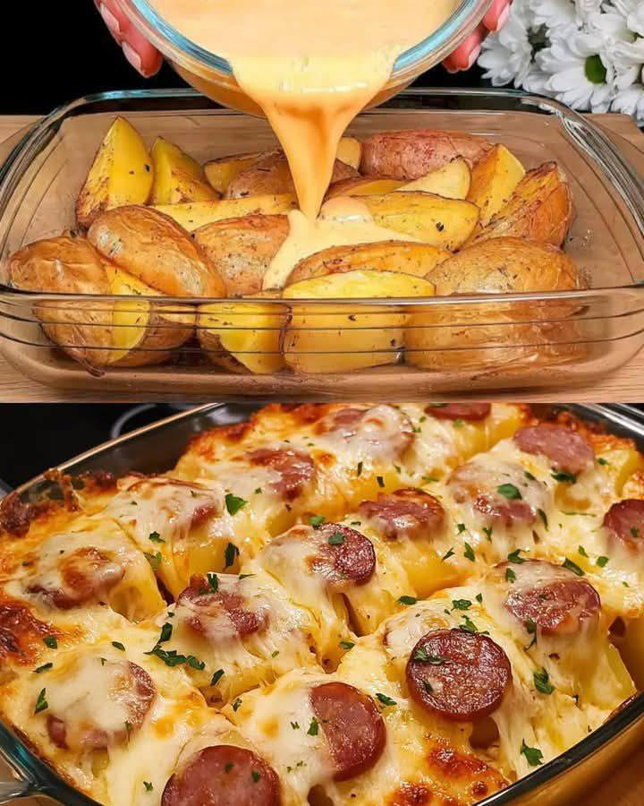 Cazuela de Patatas al Horno con Queso y Salchichas 2uGzj7D