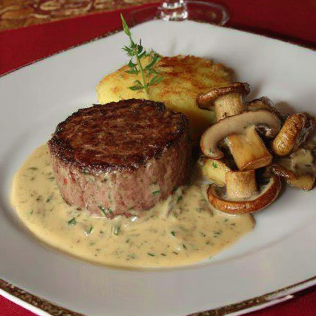 tournedos de bœuf, poêlée de cèpes, galette de pommes de terre (façon rösti) et sauce crémeuse aux herbes. 602911013_122292329126238356_8419074994469064532_n