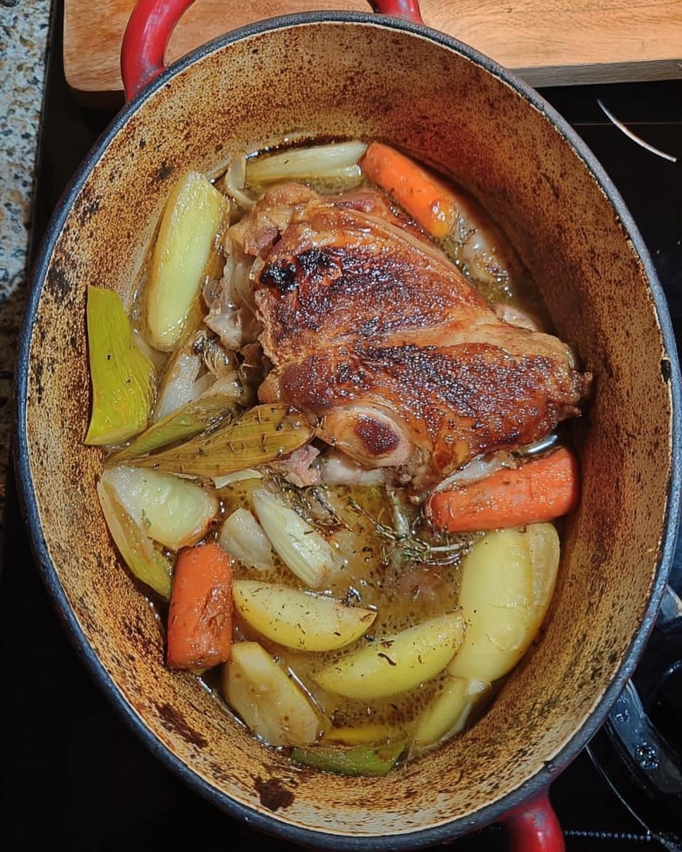 Jarret de porc braisé aux légumes dans une cocotte en fonte. Jarret de porc braisé aux légumes dans une cocotte en fonte.