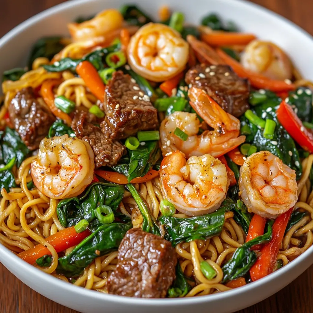 Nouilles sautées aux crevettes et au bœuf Nouilles sautées aux crevettes et au bœuf